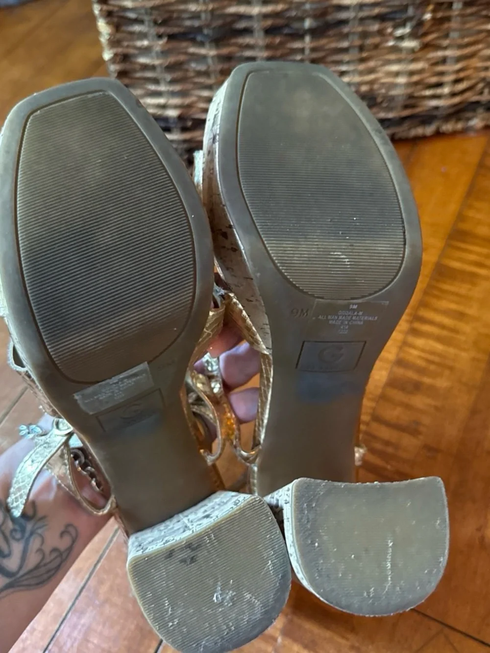 G by Guess Metallic Gold Platform Block Heel Sandals